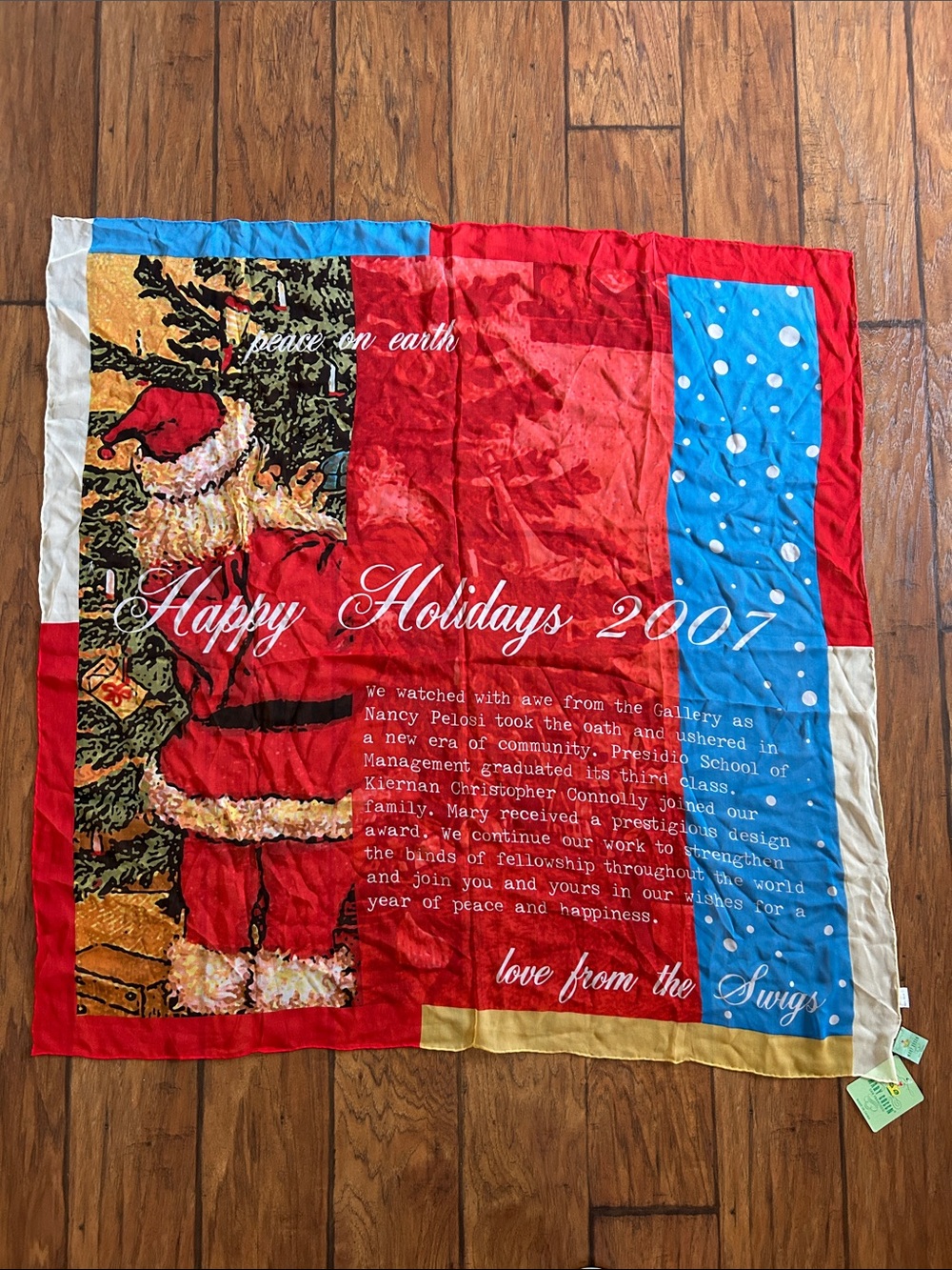 Mary green silk scarf NEW Christmas 2007 red blue green cream San Francisco